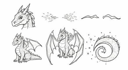 Obraz premium A concept art sheet featuring various black and white line drawings of a fantasy dragon, including head portraits, full body poses, and tail details
