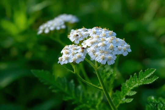 White yarrow flowers bloom with yellow centers in lush green foliage visited by small insects - Powered by Adobe