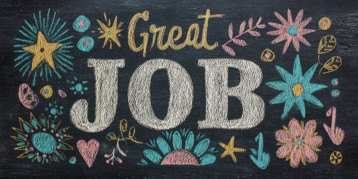 A chalkboard with the words great job written in white chalk with colorful floral decorations