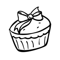 Hand drawn doodle of a cupcake with a bow isolated on