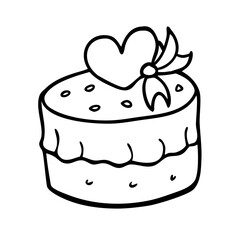 Hand drawn doodle of a cake with heart and bow isolated on