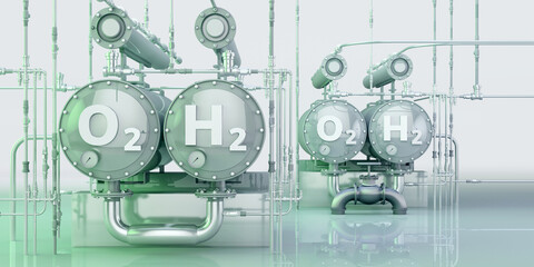 Hydrogen and Oxygen factory interior with clean metal pipes, storage tanks, valves. Industrial H2 O2 gas production plant. Green renewable energy, fuel, water electrolysis, chemical industry concept