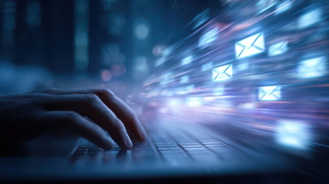 Typing on a laptop with email icons flying out, representing digital communication and connectivity - Powered by Adobe
