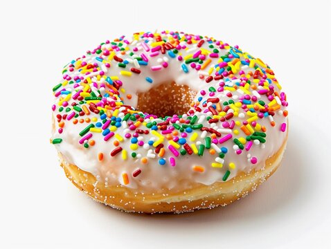 Colorful donut with sprinkles and icing on a clean white background