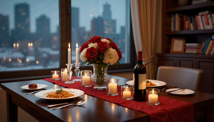 Romantic dinner setting with candles and wine in urban apartment  