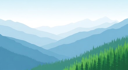 Obraz premium Layered blue mountain range with green forest valley landscape