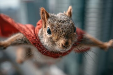 Squirrel wearing a red cape soaring through the air with a city as background
