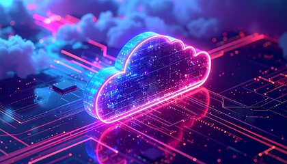 Glowing digital cloud with vibrant neon lines and circuits