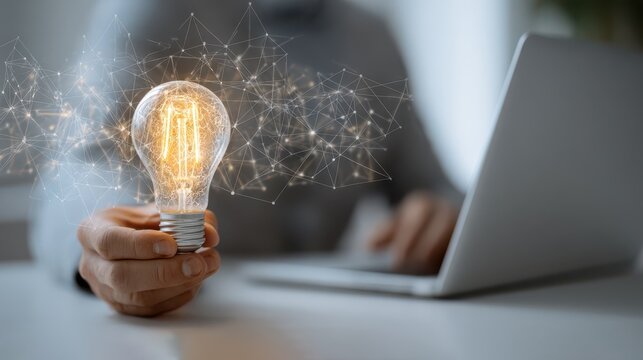Person holding light bulb with digital network connection, symbolizing innovation and creative idea