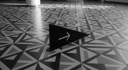 Directional sign, black triangle with arrow on geometric pattern in monochrome