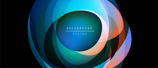 Fototapeta na wymiar Abstract layers create dynamic circular design. Vibrant blues, oranges, purples blend seamlessly. Modern background element for projects.