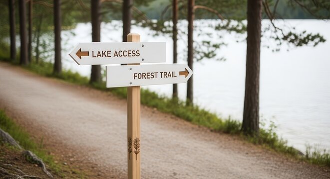 Directional Signs Guiding Towards Lakeside Retreat and Woodland Pathway Exploration