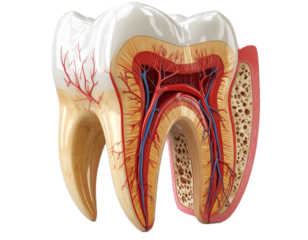 Detailed molar tooth anatomy PNG isolated on transparent background, dental structure with roots and blood vessels for medical education
