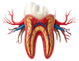 Detailed molar tooth anatomy PNG isolated on transparent background, dental structure with roots and blood vessels for medical education