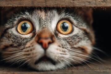 Cat peeking from a dark hiding place, showing fear, curiosity, and apprehension
