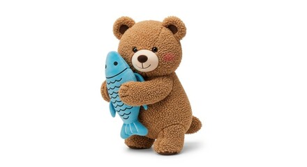 Adorable teddy bear holding a blue plush fish toy in a playful isolated setting