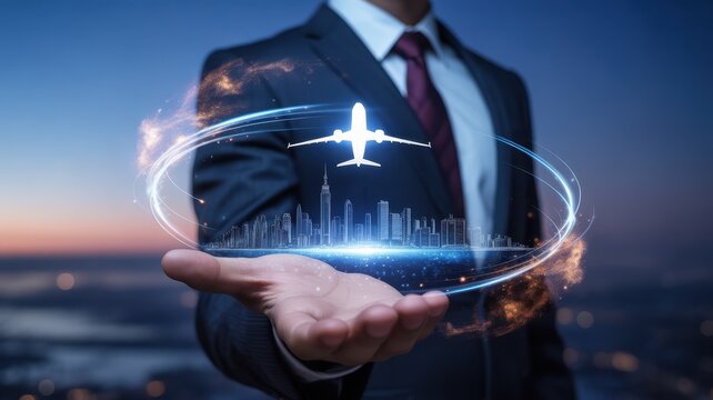 Businessman holding a holographic airplane and city skyline in hand