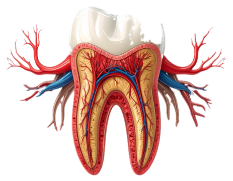 Detailed molar tooth anatomy PNG isolated on transparent background, dental structure with roots and blood vessels for medical education