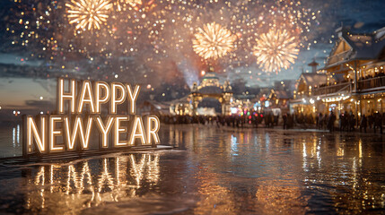 Happy new year sign with fireworks over a waterfront town at night reflecting in water surface