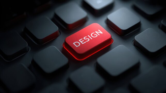 Close up of a red design button on a black keyboard for graphic designers and creators