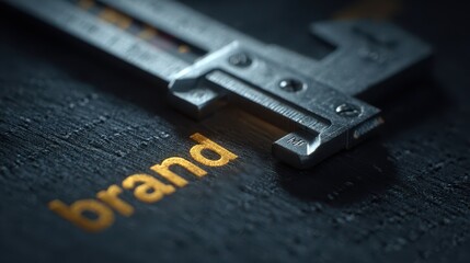Close up of a caliper measuring the word brand on a dark wooden surface with shallow depth of field