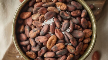 Fototapeta premium Rustic Ceramic Bowl Overflowing with Roasted Cocoa Beans and Sea Salt