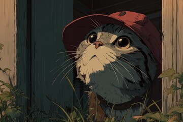 Curious cat peeking from behind a wooden wall in green grass