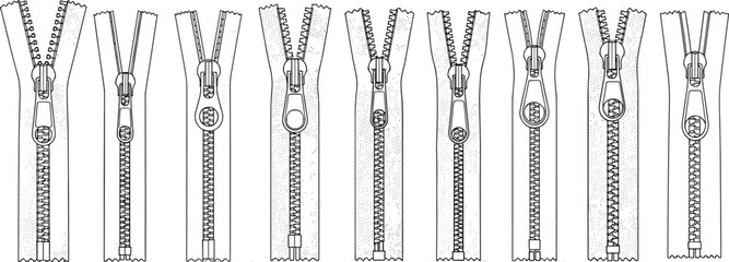 Set of technical zipper illustrations showing diverse slider, pull tab, and teeth designs for fashion, gear, luggage, and textile applications.