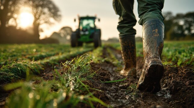 Farmer walking through a muddy field with a tractor in the background at sunrise on a farm