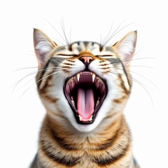 Obraz premium Closeup portrait of a domestic tabby cat yawning widely with mouth open showing teeth and tongue, isolated on white background