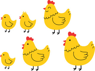 Set of Six Cute Cartoon Yellow Chickens and Small Chicks Vector Illustration for Farm Animals, Spring, Easter, and Kids Design.
