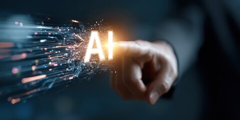 Close up of a hand touching the glowing ai letters on a dark background, representing artificial intelligence