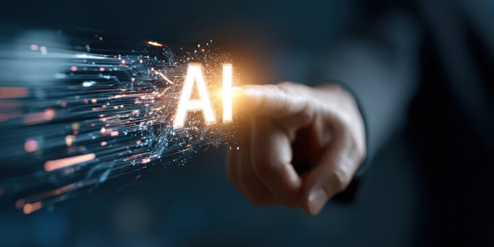 Close up of a hand touching the glowing ai letters on a dark background, representing artificial intelligence