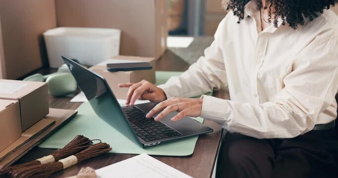 Typing, hands or seller in office with laptop, stock management or email update in ecommerce. Logistics, admin and woman in workplace with tech, courier chat and delivery control for webshop.
