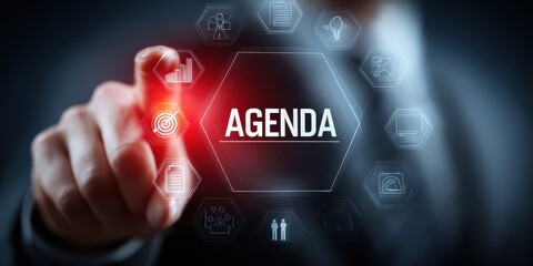 Business person touching agenda button on virtual screen with icons representing meeting schedule