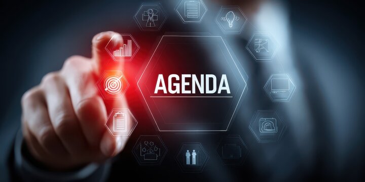 Business person touching agenda button on virtual screen with icons representing meeting schedule