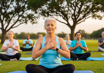 Senior Woman Meditating with Group During Outdoor Yoga Class