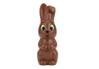 A brown chocolate easter bunny with big eyes, isolated on transparent background grainy