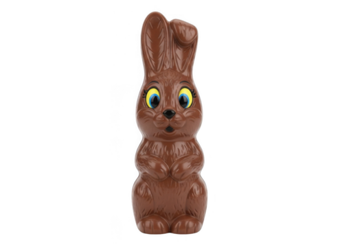 A brown chocolate easter bunny with big eyes, isolated on transparent background grainy