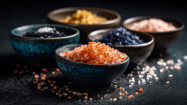 A collection of colorful salts displayed in small bowls on a dark textured surface top view