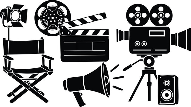 Classic movie production equipment including director chair clapperboard vintage film camera and megaphone in black silhouette style