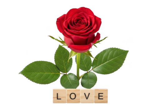 Single red rose with green leaves and the word love spelled out in wooden letter blocks, isolated on transparent background grainy