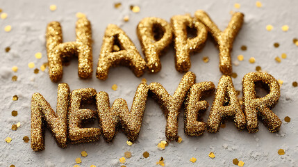 Happy new year message in golden glitter letters with confetti on a textured white background close up