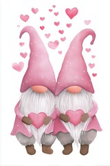 Cute gnomes holding hearts in a whimsical setting