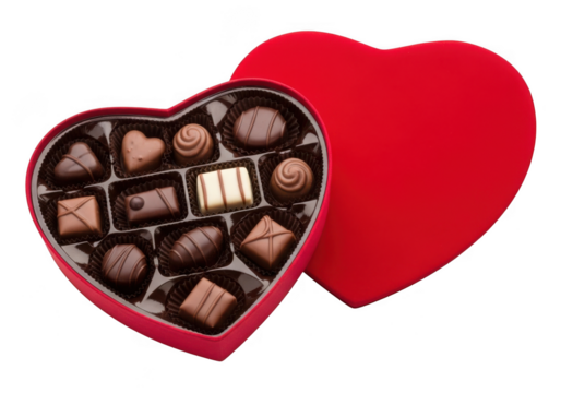 Heart shaped box of assorted chocolates isolated on transparent background grainy