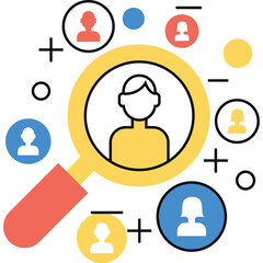 Magnifying glass focuses on a person icon surrounded by other people icons in red blue and yellow colors on a transparent white background symbolizing recruitment and search