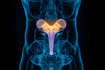 X-ray anterior or front view of the prostate 3D rendering illustration with male body contours. Human anatomy, organ of reproductive system, medical, biology, science, healthcare concepts.