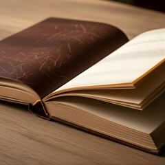 Vintage open old book with blank pages on a rustic wooden table for literature and knowledge study