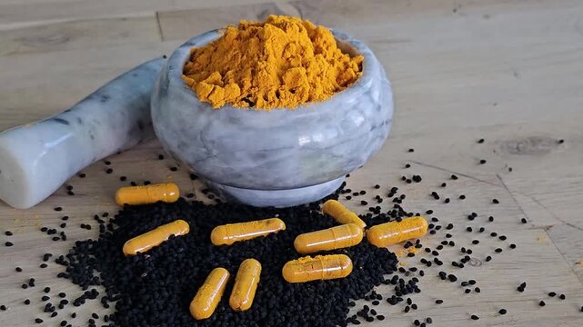 Turmeric powder and capsules displayed on a wooden surface with black cumin or pepper seeds and a stone mortar. Colon cleansing, worm and parasite control, vitamins, and health benefits