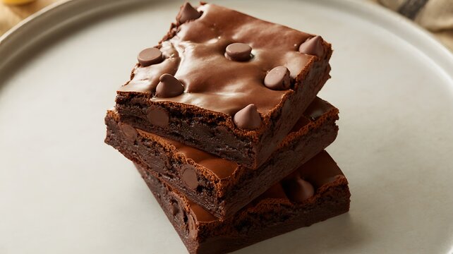 Fudgy Chocolate Brownies with Chocolate Chips on White Ceramic Plate